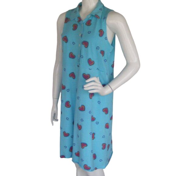 Vintage Dress, M, Light Blue, Collar, Raw Hem, Red Hearts, Pullover, Sleeveless - Picture 4 of 9